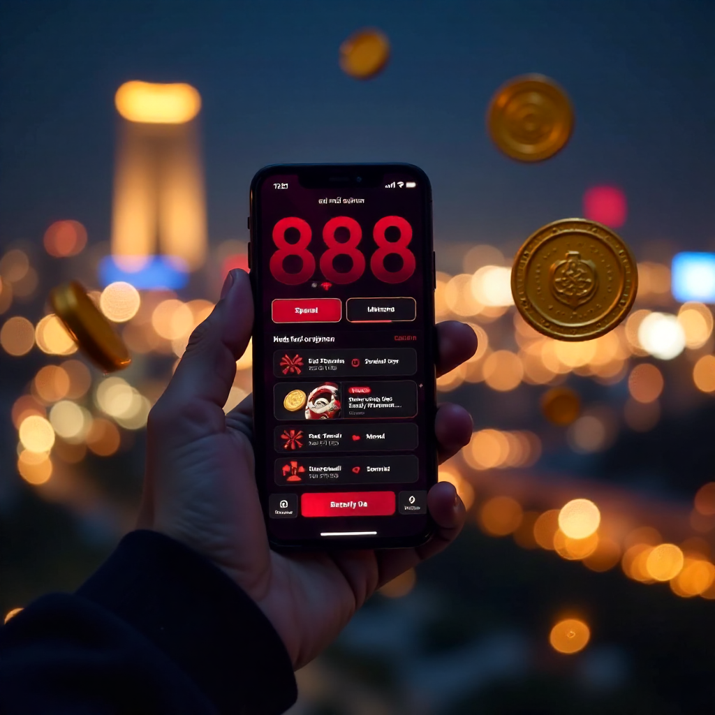 A hand holding a luxury smartphone displaying the official 888starz Uzbekistan app with a sleek red and black interface, background is the Tashkent City skyline and Hilton tower at night with vibrant golden bokeh lights, 3D golden coins and a soccer ball 